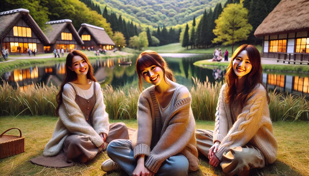 ムーミンバレーパークで楽しむ３人女子、芝生の上に笑顔で座るイメージ