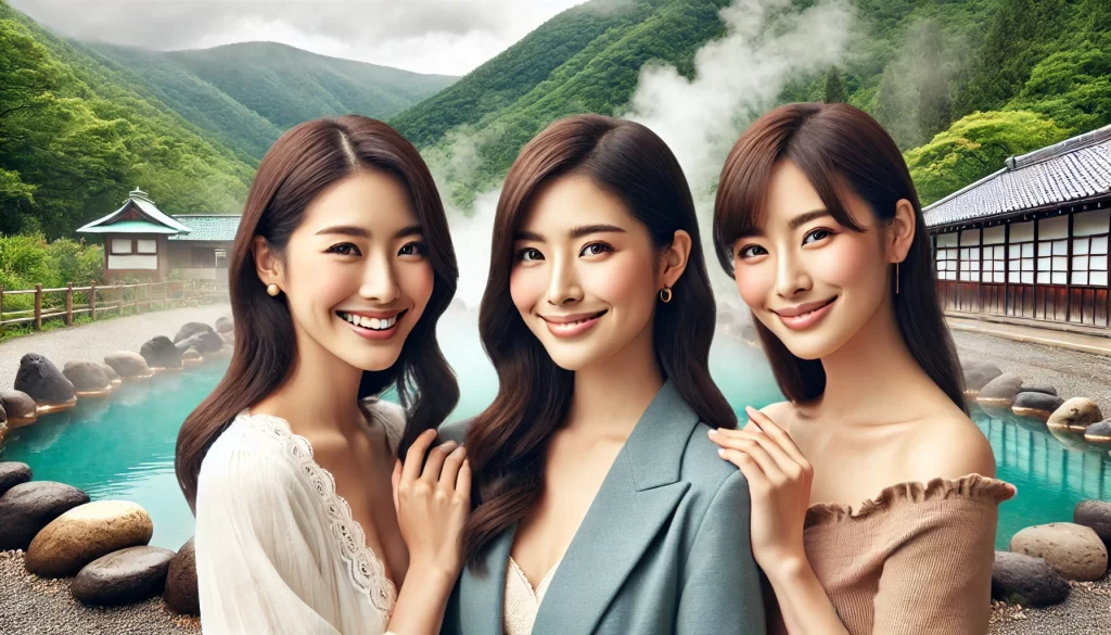 3人の女性が温泉の前で微笑んでいるイメージ